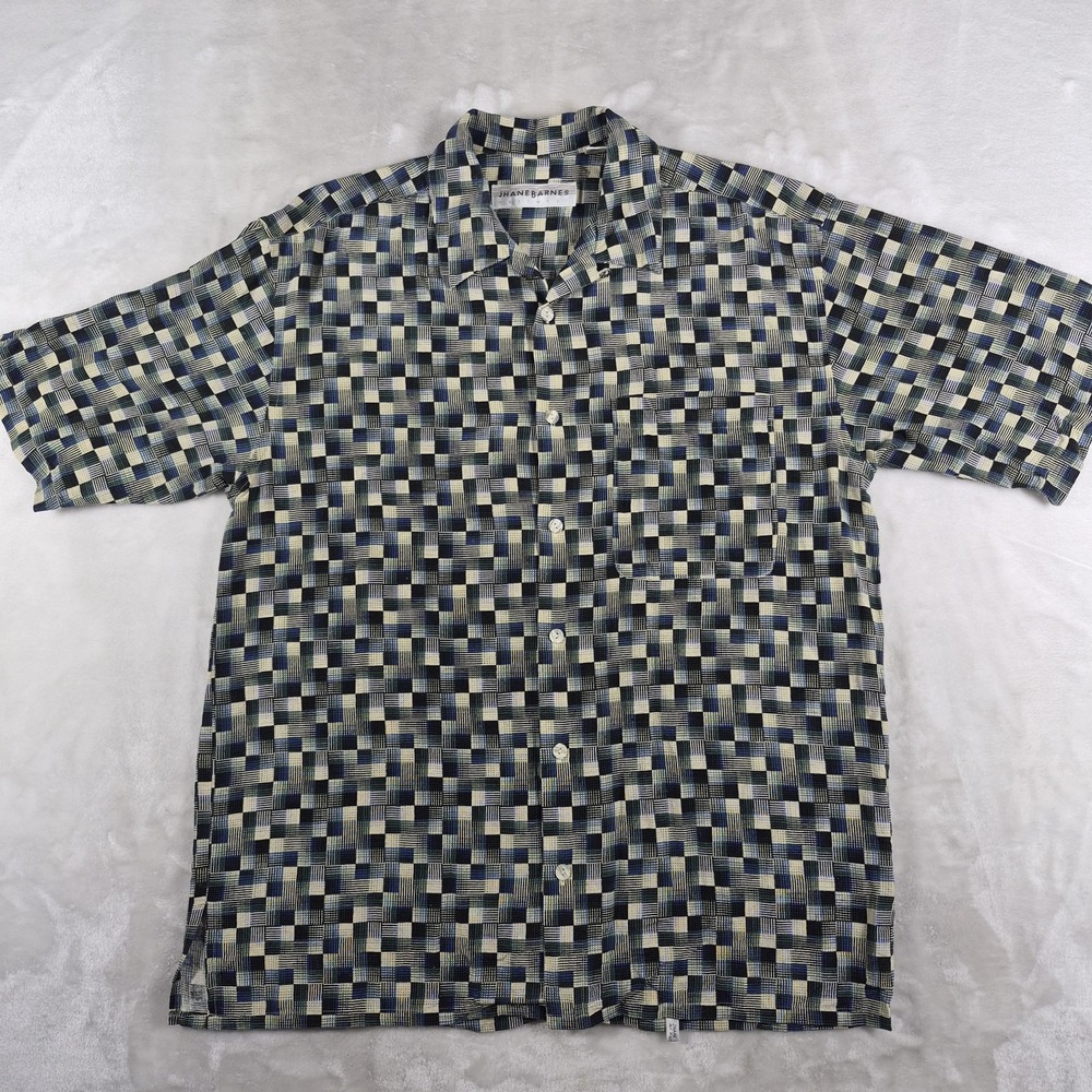 Jhane Barnes Button Up Shirt Men's Medium 100% Silk Short Sleeve Geometric